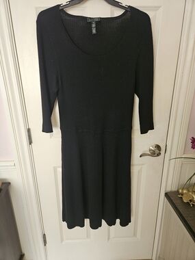 Ralph Lauren 2X Wool Black Ribbed Scoop-Neck Midi Sweater Dress